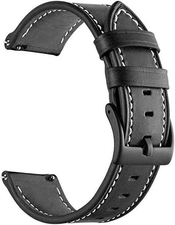Leather Watch Strap in black leather with white contrast stitching, metal buckle, and keeper loops