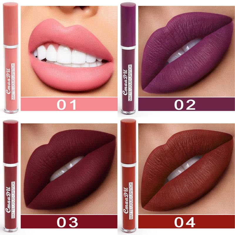 Women's Non-stick Cup matte liquid lipstick set in pink, purple, burgundy and reddish-brown shades with slim tubes