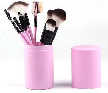 Makeup Brush Set with pink plastic handles, soft synthetic bristles, and matching cylindrical storage case
