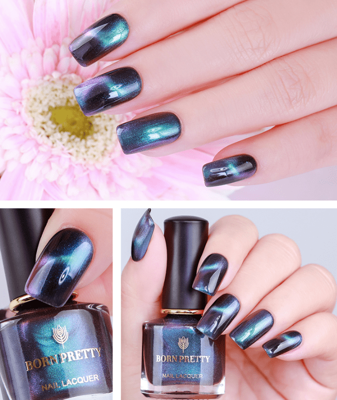 Magnetic Nail Polish in deep blue-black, holographic chameleon finish with reflective 3D cat-eye effect, 6 ml bottle