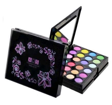 Makeup Set For Women with black floral case, mirror, and colourful round eyeshadow palette pans