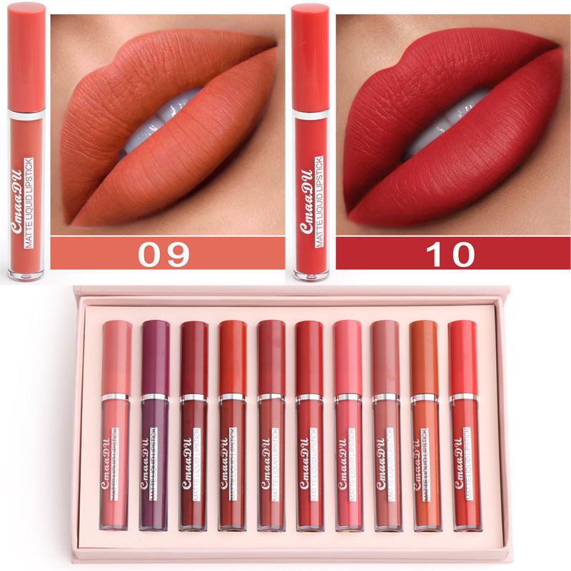 Women's Non-stick Cup matte liquid lipstick set, ten red, pink and coral shades in slim tubes with applicators