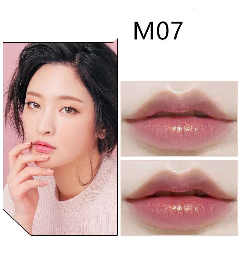 Waterproof lipstick in M07, rosy pink shade with a glossy finish shown on lips and model swatch