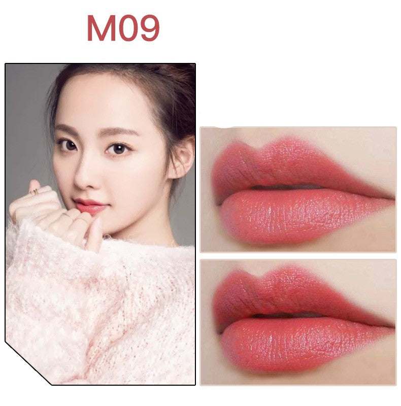 Waterproof lipstick in M09, a rosy pink shade with a smooth, softly glossy finish shown on lips