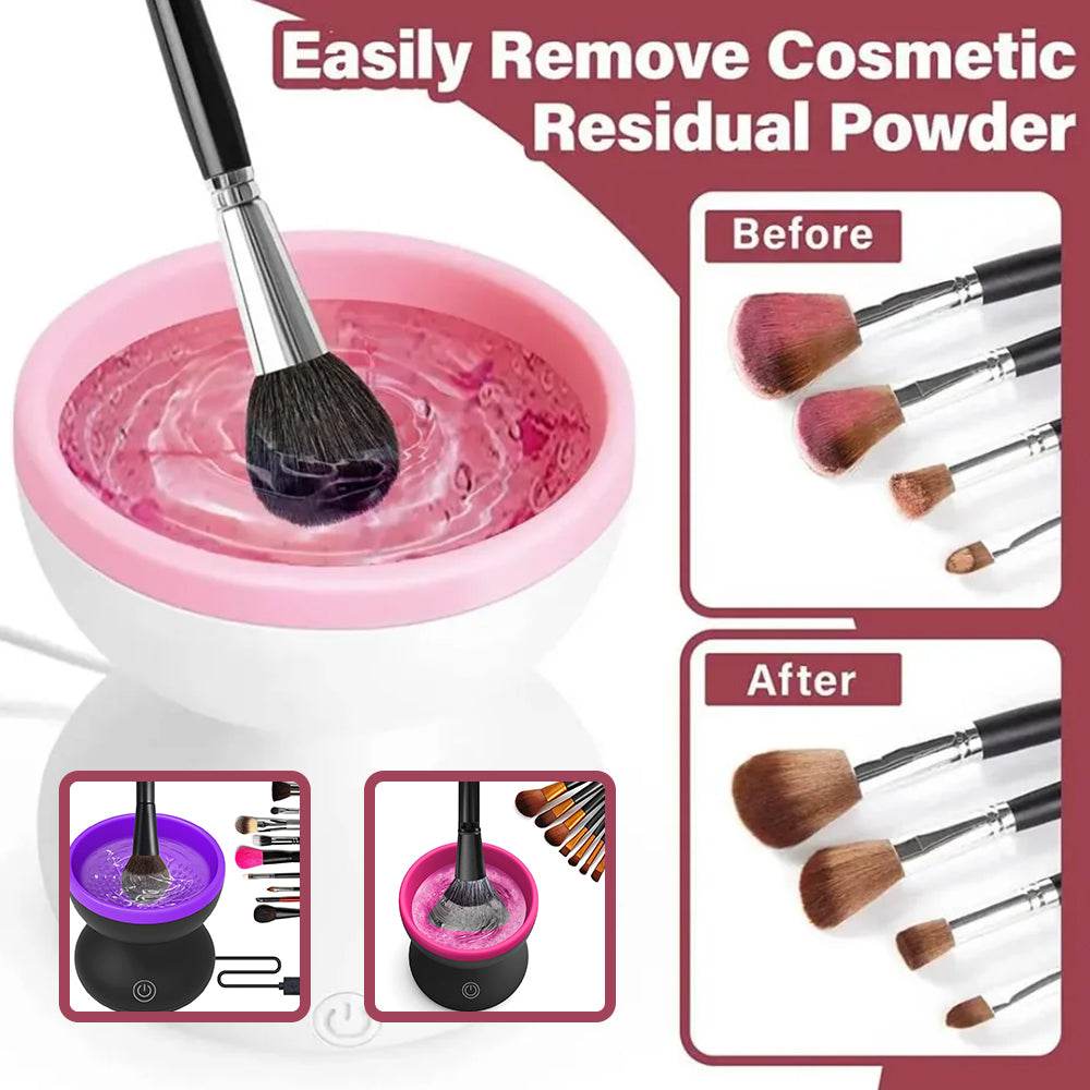 Electric Makeup Brush Cleaner with white bowl and pink silicone basin, washing a makeup brush with swirling water