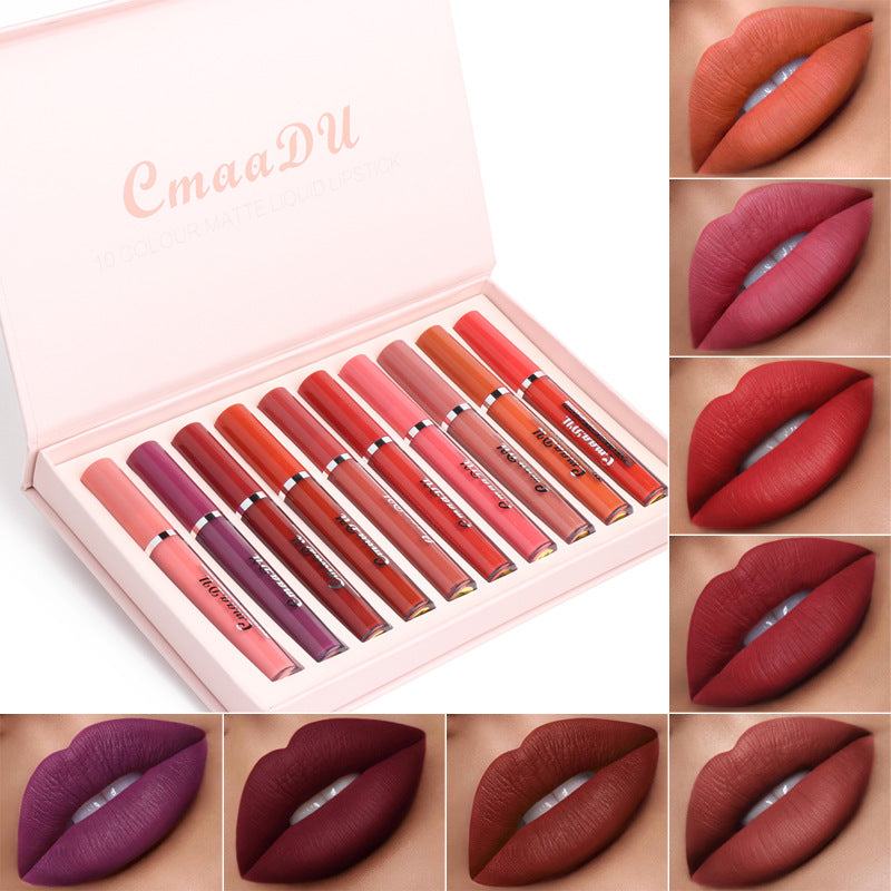 Women's Non-stick Cup matte liquid lipstick set, ten slim tubes in rich red, pink, and purple shades