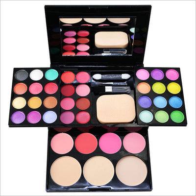 Makeup Set For Women in a black compact palette with colorful eyeshadows, blush, bronzer, powder and brushes