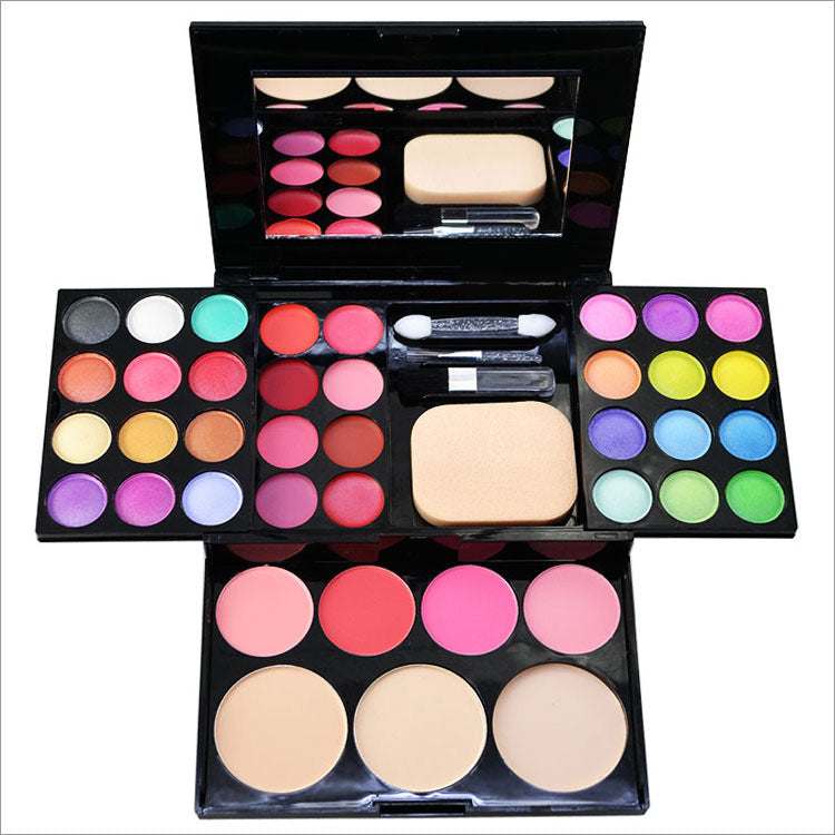 Makeup Set For Women in a black palette with colorful eyeshadows, blush, powder, mirror and applicators