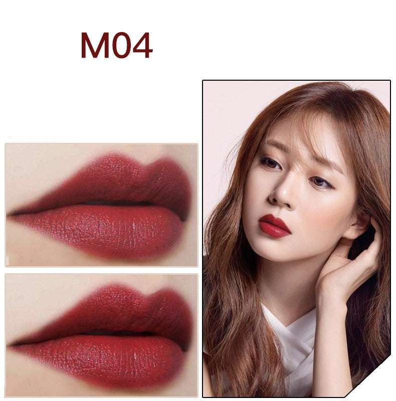 Waterproof lipstick in M04, rich brick red with a velvety matte finish and bold colour payoff