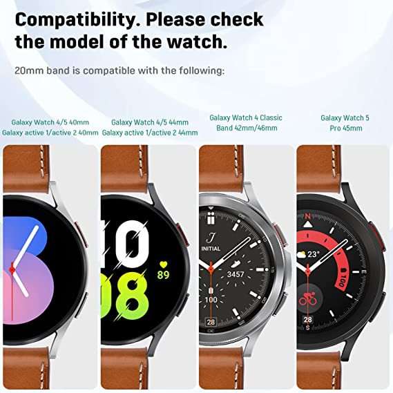 Leather Watch Strap in brown leather with white stitching, shown on round smartwatches in a compatibility display