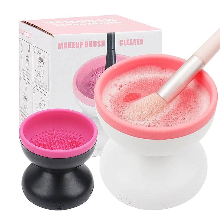Electric Makeup Brush Cleaner with white bowl and pink silicone basin, black brush stand and makeup brush included