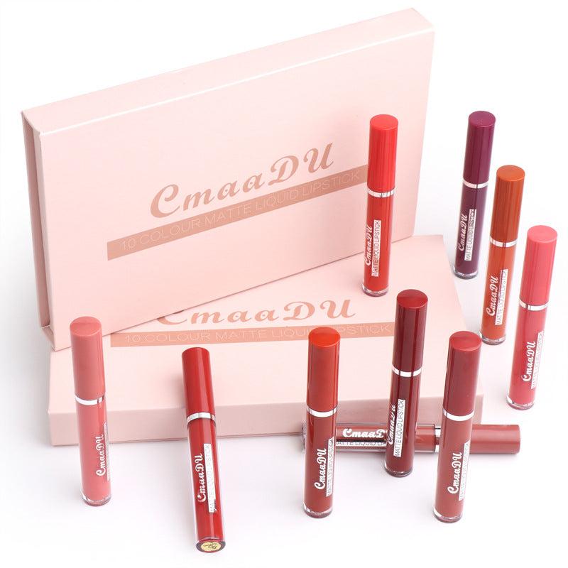 Lip gloss set with ten matte liquid lipstick tubes in varied pink, red and brown shades, Women's Non-stick Cup keyword included