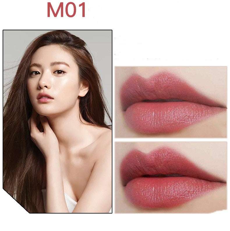 Waterproof lipstick in M01, a rosy mauve shade with a smooth matte finish shown on lips and model
