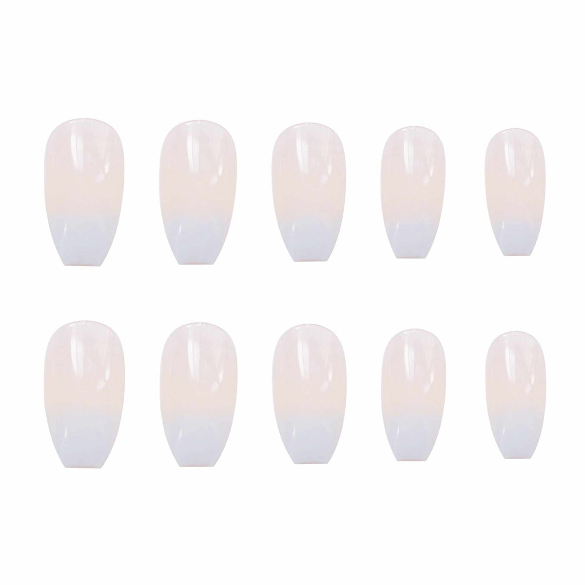 Wearable false nails in glossy ballet white with a subtle gradient, featuring varied sizes and rounded tips