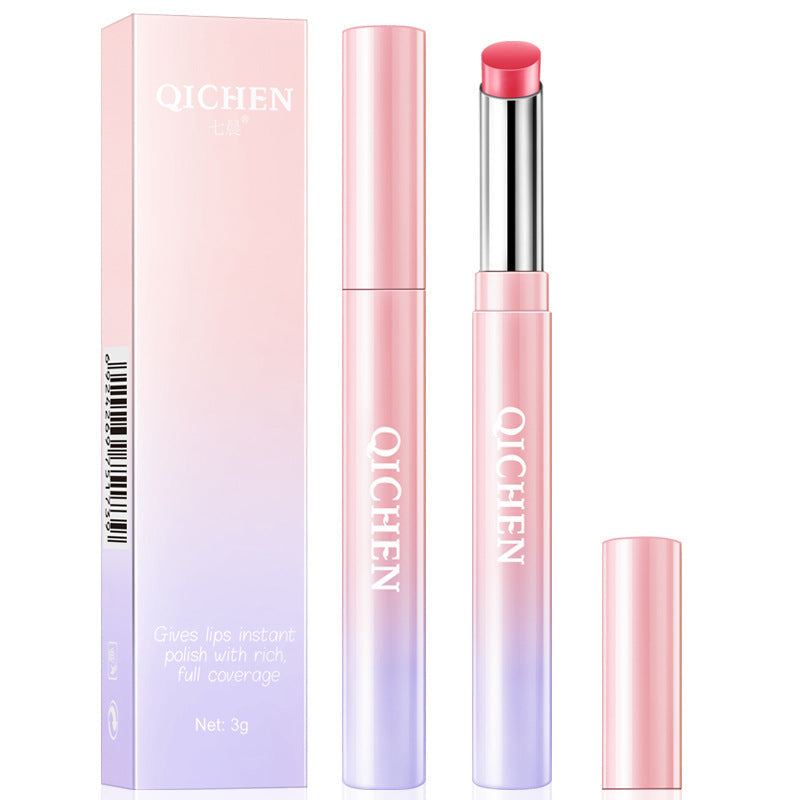 Waterproof lipstick in a pink and lavender gradient tube with a soft coral-red bullet and matching pastel box