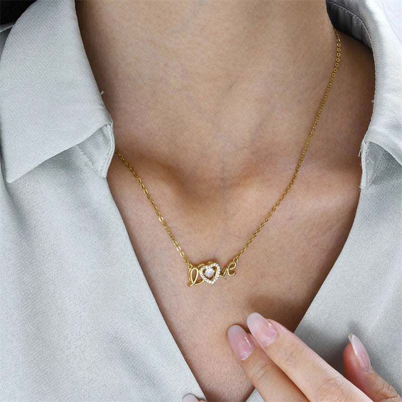 Valentines Day Gift gold-tone titanium steel necklace with a delicate chain and love script pendant

