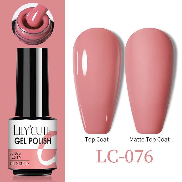 Gel nail polish in dusty rose pink, glossy and matte swatches shown, with Color Changing Thermal Gel LC-076 label