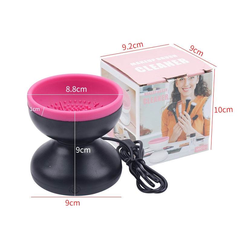 Electric Makeup Brush Cleaner in black and pink ABS with silicone bowl, textured washing surface and USB cable