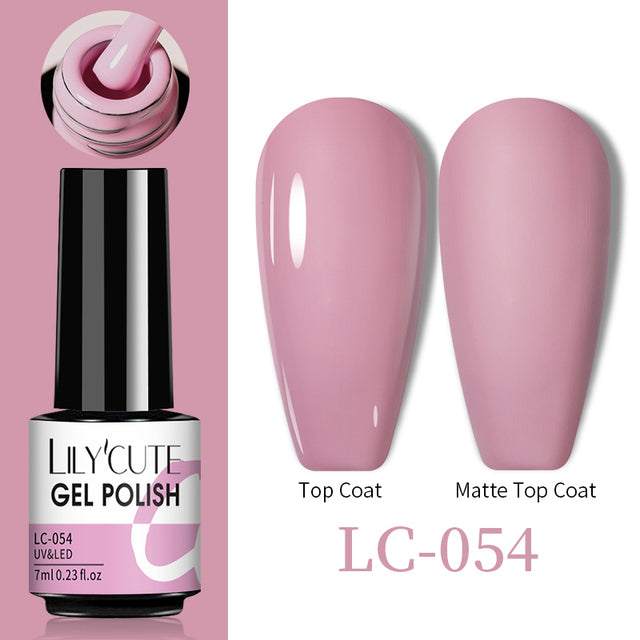 Color Changing Thermal Gel nail polish in a pink shade, shown with glossy and matte top coat finishes in bottle LC-054