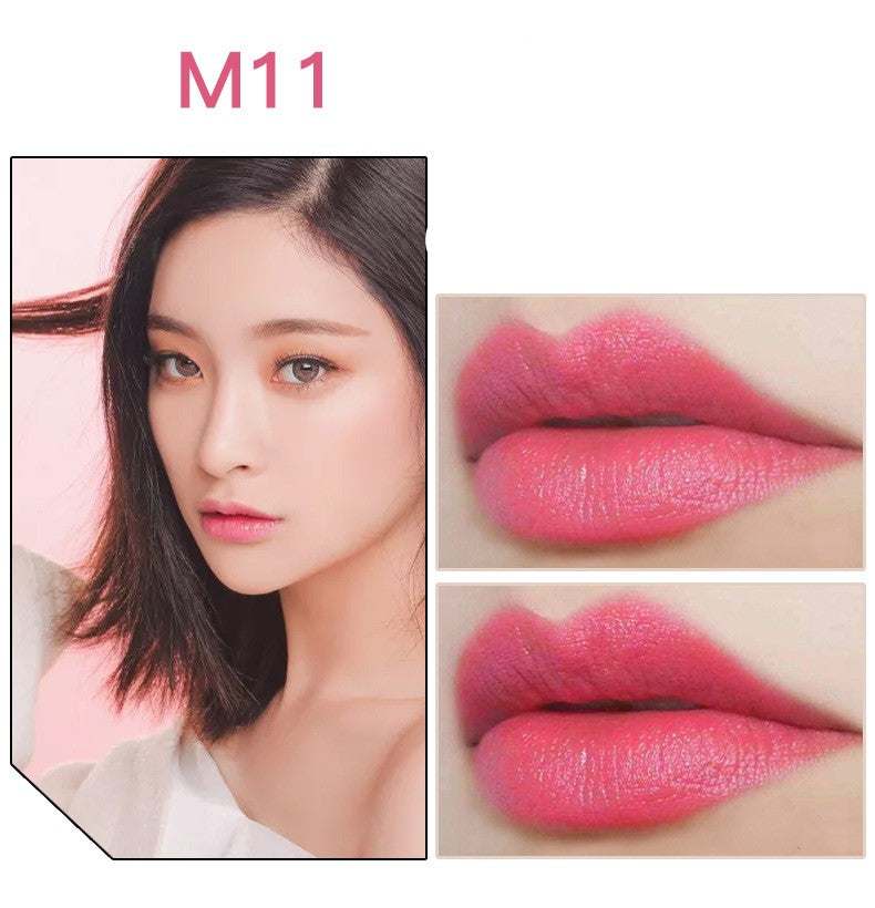 Waterproof lipstick in shade M11, vibrant pink with a smooth, glossy finish shown on lips and model