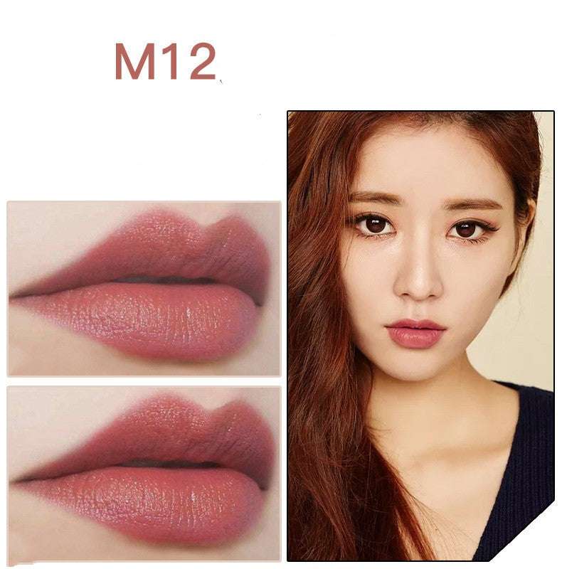 Waterproof lipstick in M12 muted rose, shown with a soft matte finish on lips and model swatch
