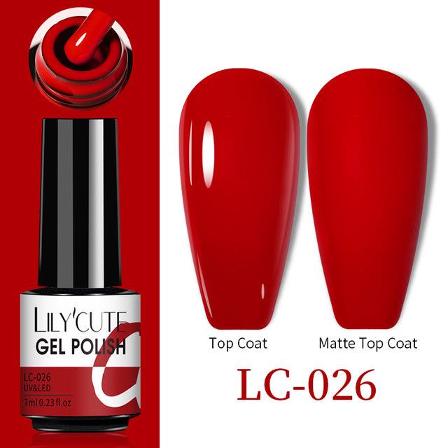 Gel nail polish bottle in glossy red with Color Changing Thermal Gel shade LC-026 and matching top coat swatches