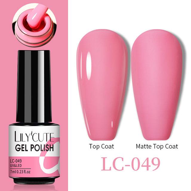 Gel nail polish in glossy pink, Color Changing Thermal Gel formula, with matching matte top coat finish swatches and 7ml bottle
