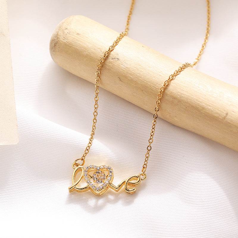 Necklace, gold-tone titanium steel with crystal heart and Love pendant, a Valentines Day Gift for women