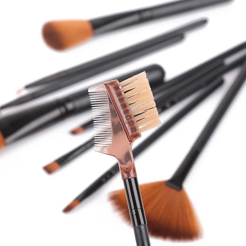 Makeup Brush Set with black plastic handles and soft brown bristles, including a dual-ended brow brush and comb