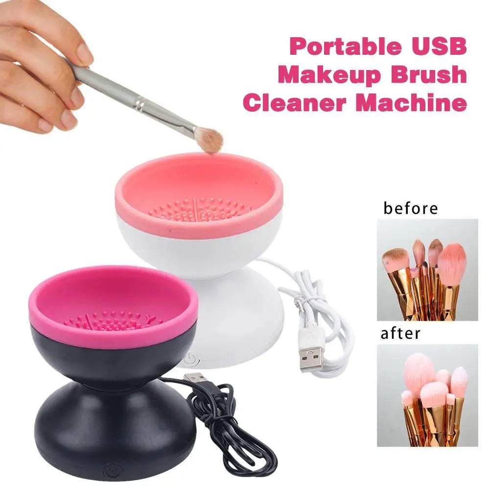 Electric Makeup Brush Cleaner with USB cable, silicone bowl, and black or white base with pink rim
