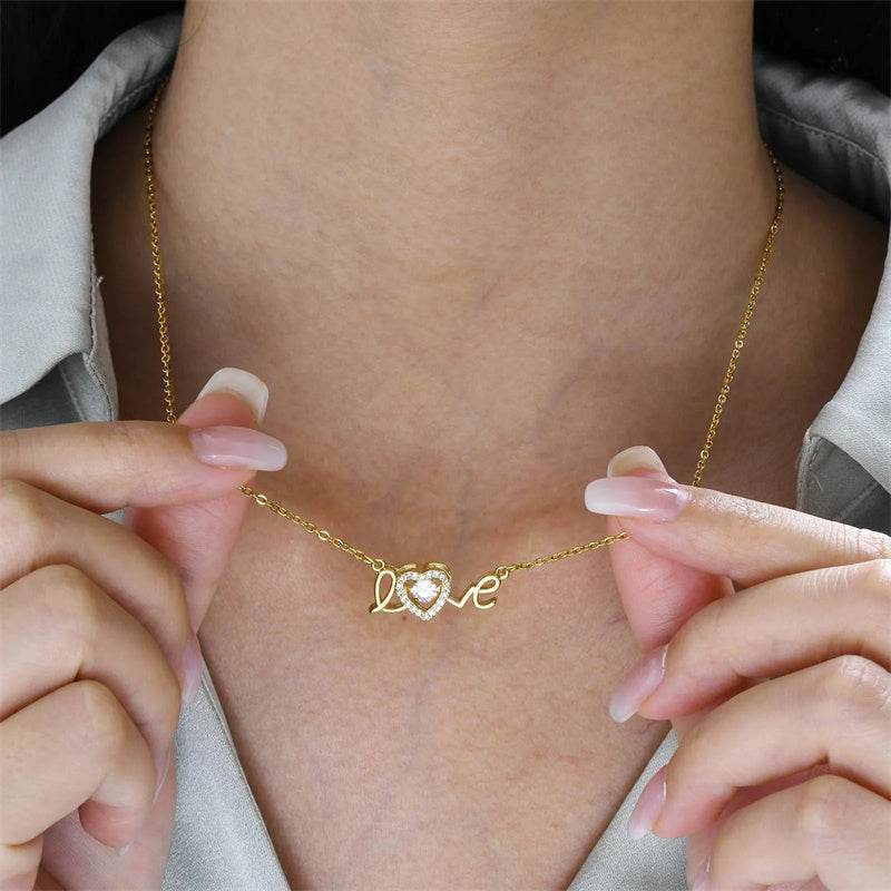 Necklace, gold-toned titanium steel with a delicate chain and sparkling “love” heart pendant, Valentines Day Gift