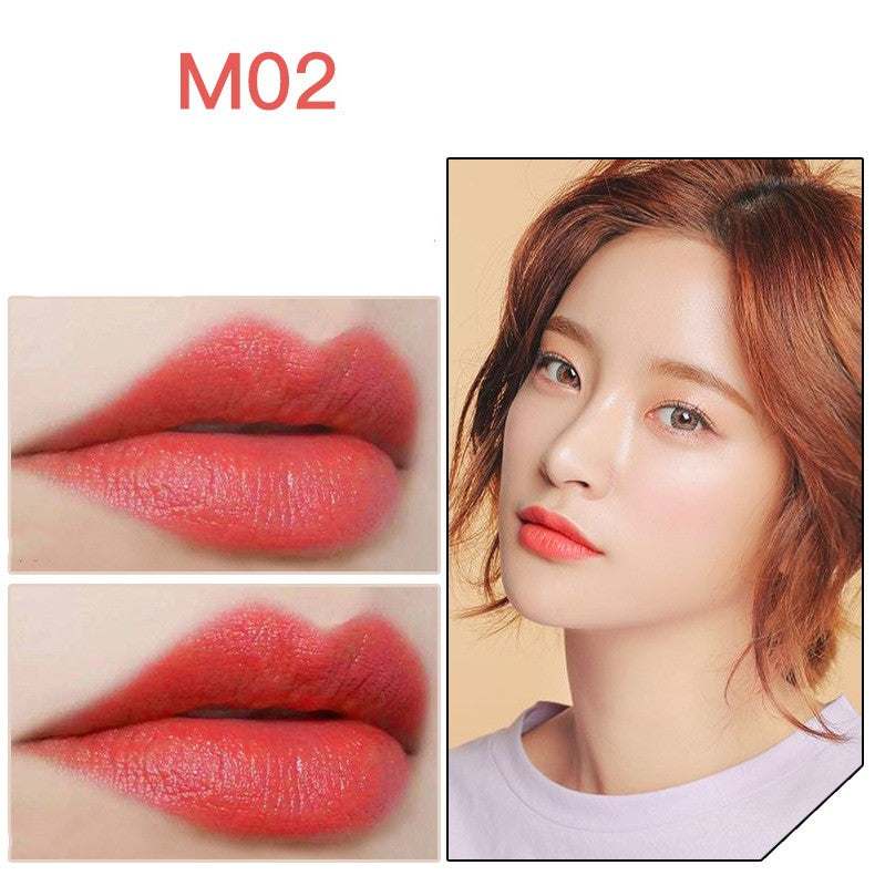 Waterproof lipstick in M02 coral red, shown as a vivid glossy tint on lips and model
