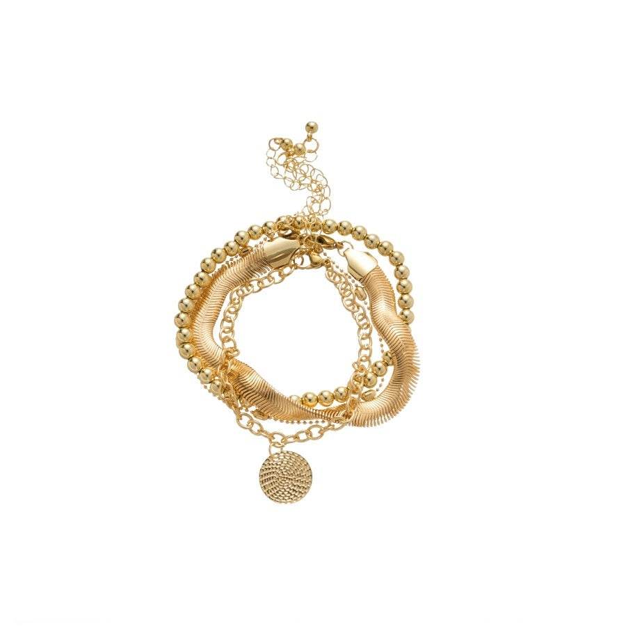 Bracelet set with All-Match Round Pendant, gold-tone iron chains, beaded bands and textured circular charm

