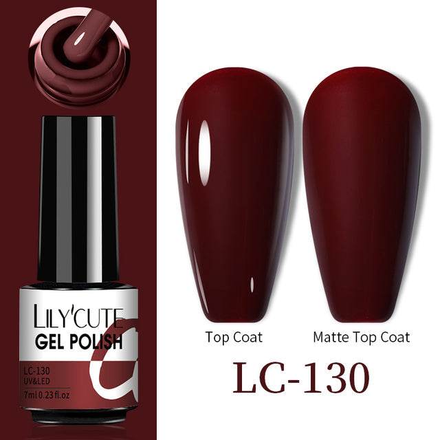 Color Changing Thermal Gel nail polish in deep burgundy, glossy gel formula with matching matte top coat swatches