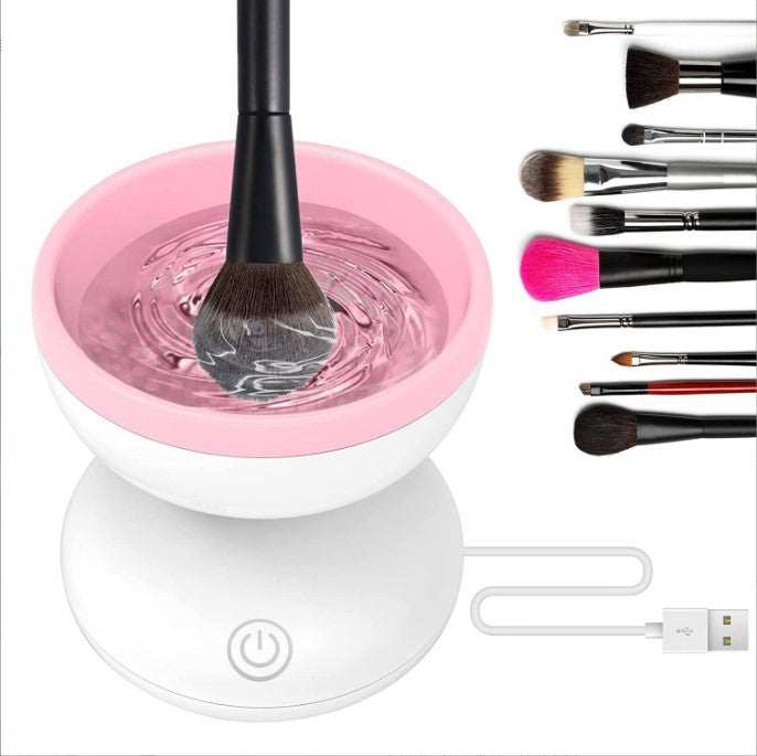 Electric Makeup Brush Cleaner in white and pink ABS with silicone bowl, USB power and one-button design
