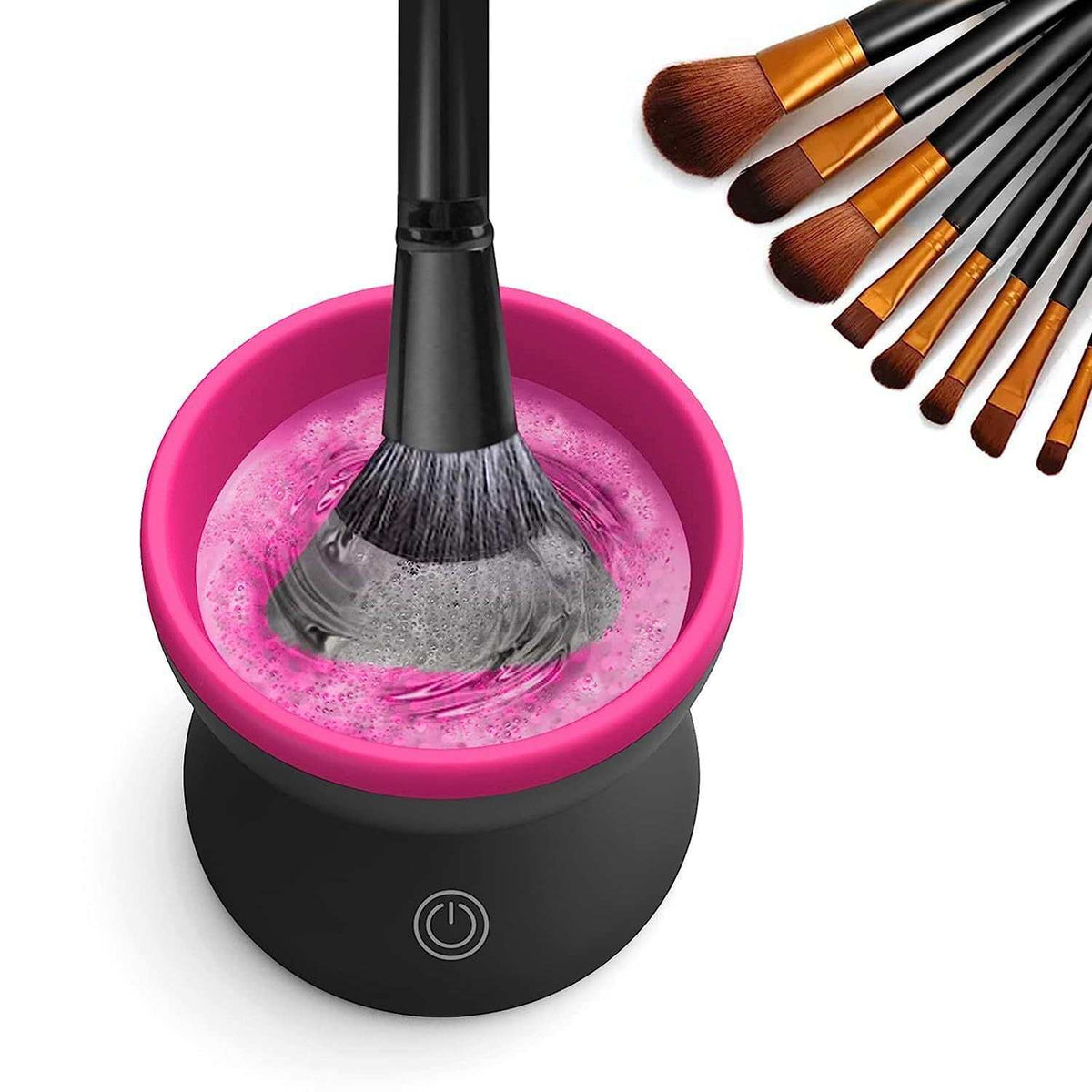 Electric Makeup Brush Cleaner with black ABS body, bright pink silicone bowl and automatic brush-washing function