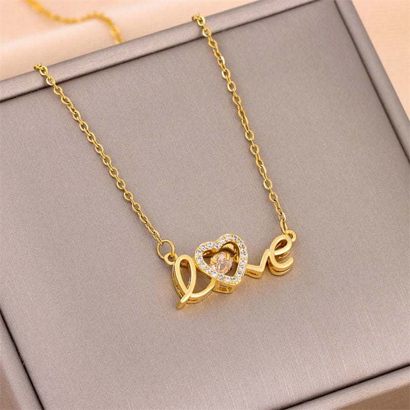 Necklace, gold-tone titanium steel chain with sparkling heart and love pendant, Valentines Day Gift for women