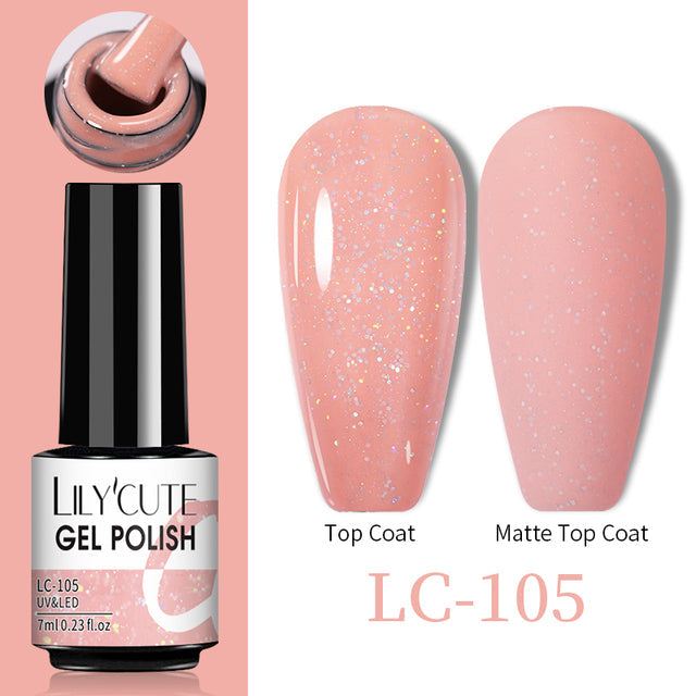 Color Changing Thermal Gel nail polish in pink, glossy and matte swatches with fine glitter, 7ml bottle.