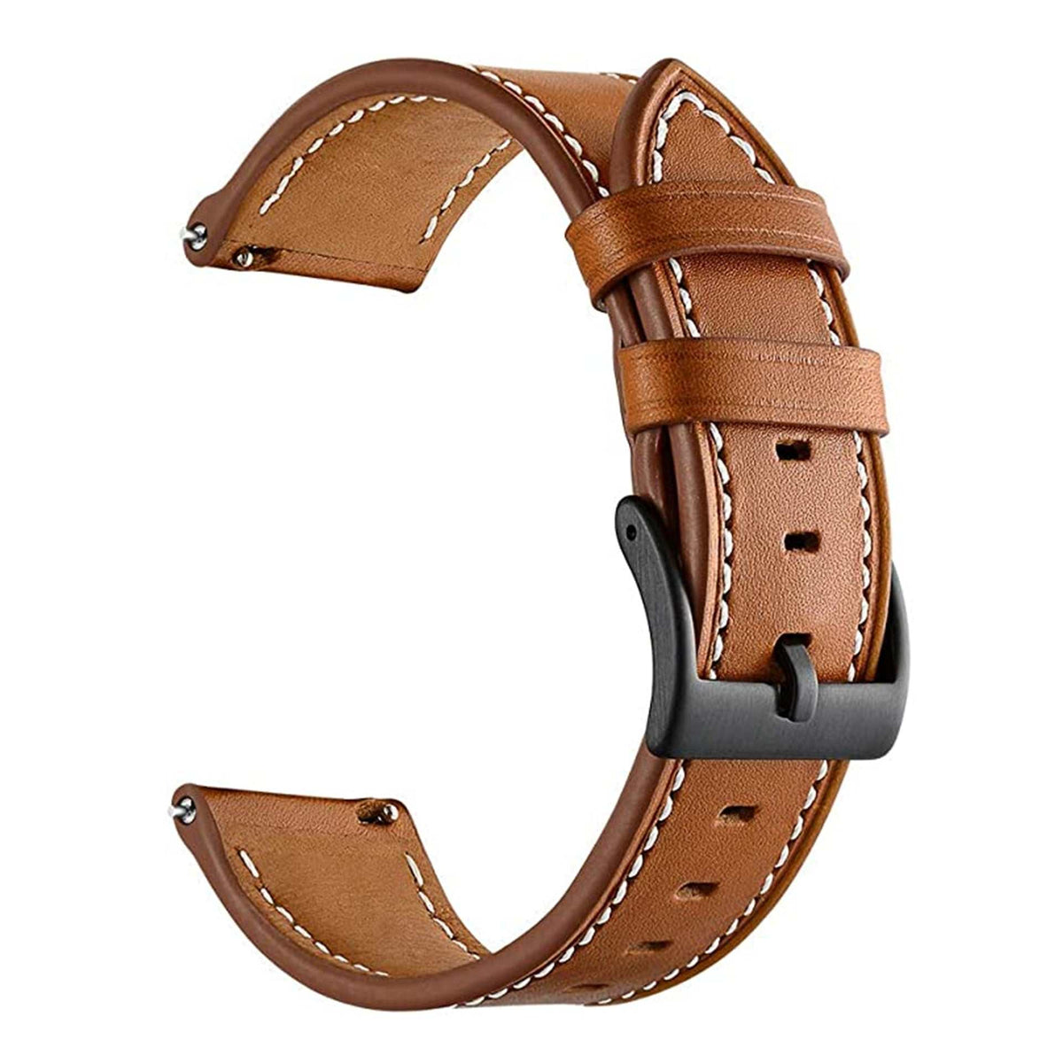 Leather Watch Strap in brown leather with white contrast stitching, keeper loops, holes and black metal buckle
