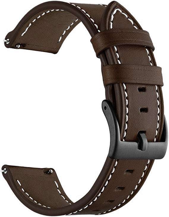 Leather Watch Strap in dark brown leather with white contrast stitching, black buckle and dual keepers