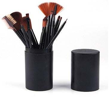 Makeup Brush Set with 12 black plastic handles, assorted soft brown bristles, and a matching cylindrical storage case