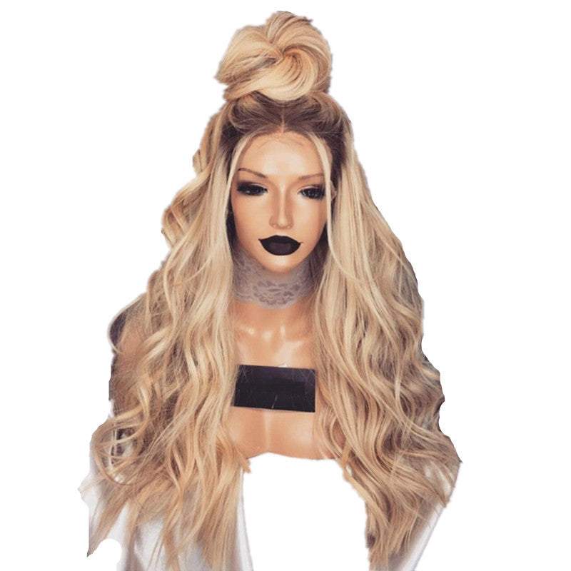 American Style Mid-length Curly Wig in blonde synthetic fiber with long loose waves and a half-up top knot style