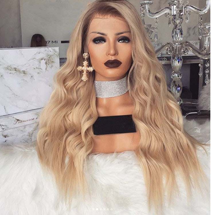 American Style Mid-length Curly Wig in long blonde synthetic fiber with soft waves, side part and voluminous style