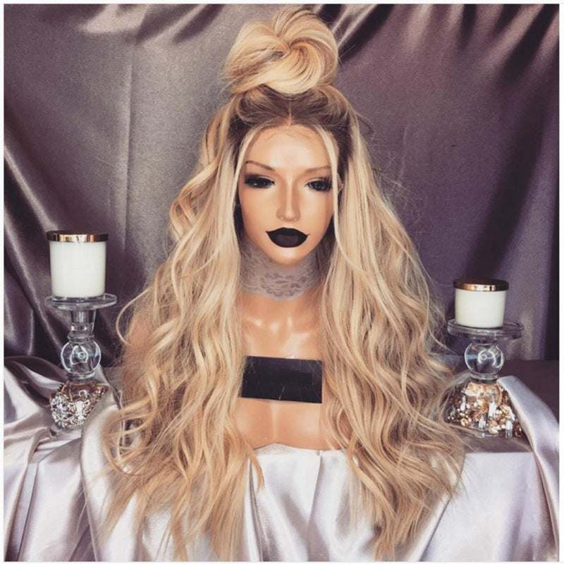 American Style Mid-length Curly Wig in blonde synthetic fiber, with long loose waves and a high top knot detail