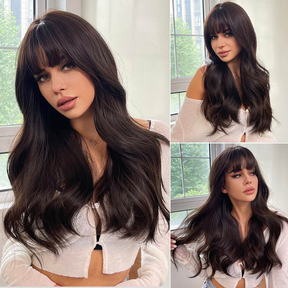 Brown Curly Wig with long dark brown waves, full bangs, and soft synthetic hair in a voluminous style