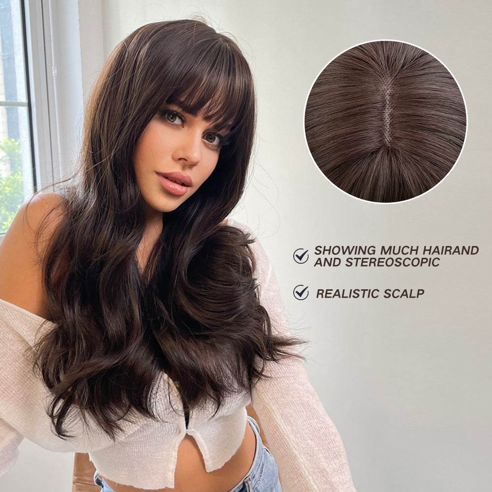 Brown Curly Wig in dark brown synthetic hair, featuring long loose curls, full bangs, and a realistic scalp parting