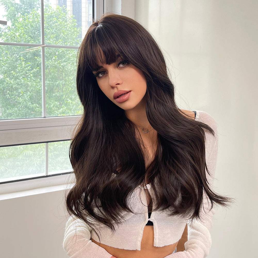 Brown Curly Wig with long dark brown wavy synthetic hair, full bangs and softly curled ends