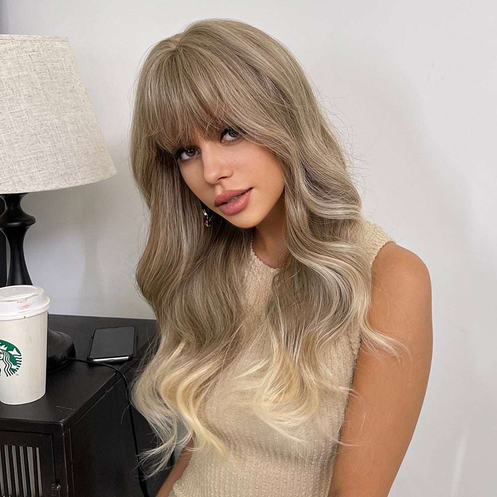 Brown Curly Wig in long, wavy ash-brown synthetic fiber with full bangs and softly layered curls