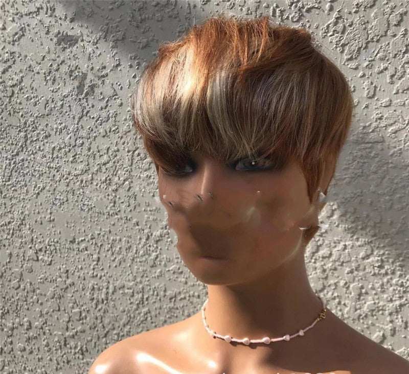 Short Hair Wigs in a layered pixie cut, featuring warm brown hair with golden highlights and full bangs