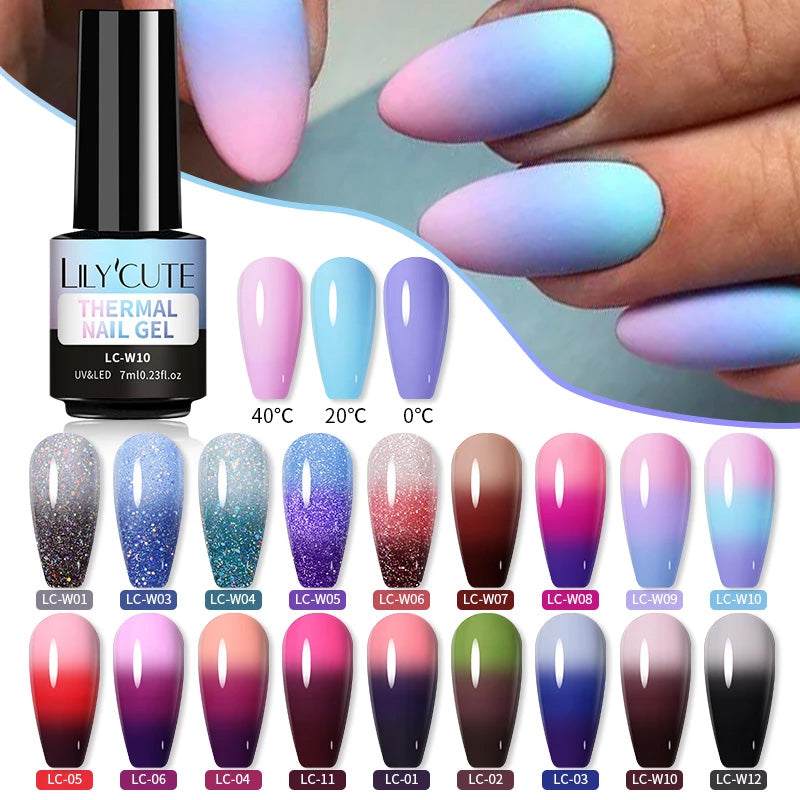 Color Changing Thermal Gel nail polish in a black bottle, with glossy thermal color-shifting blue, pink and purple shades